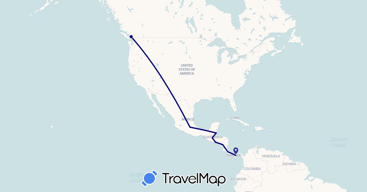 TravelMap itinerary: driving in Belize, Canada, Costa Rica, Guatemala, Mexico, Nicaragua, Panama, El Salvador (North America)